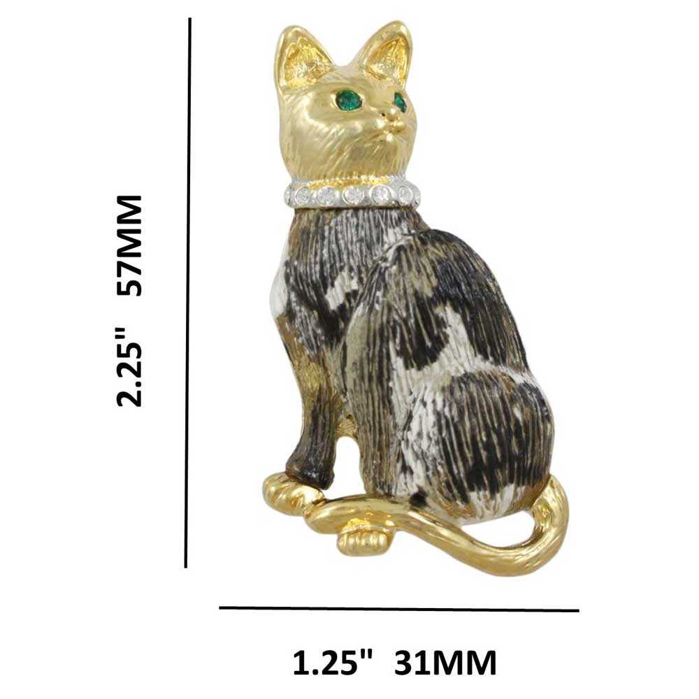 Black and White Cat with Crystal Collar Brooch Pin shown with measurements - Lilylin Designs