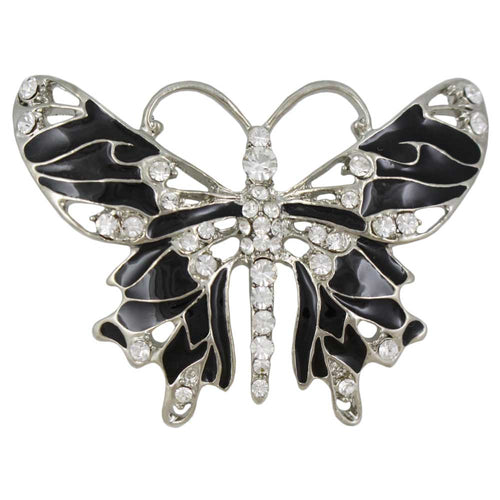 Black Enamel Butterfly Brooch Pin with Clear Crystals - Lilylin Designs