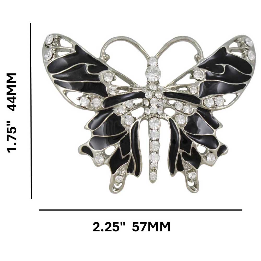 Black Enamel Butterfly Brooch Pin with Clear Crystals with measurements - Lilylin Designs