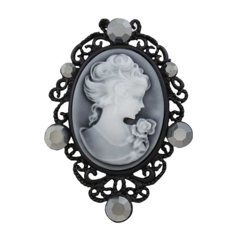 Black Cameo with Hematite Gray Crystals Brooch Pin - Lilylin Designs