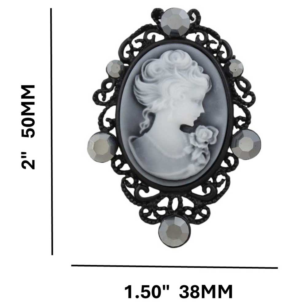 Black Cameo with Hematite Gray Crystals Brooch Pin shown with measurements - Lilylin Designs