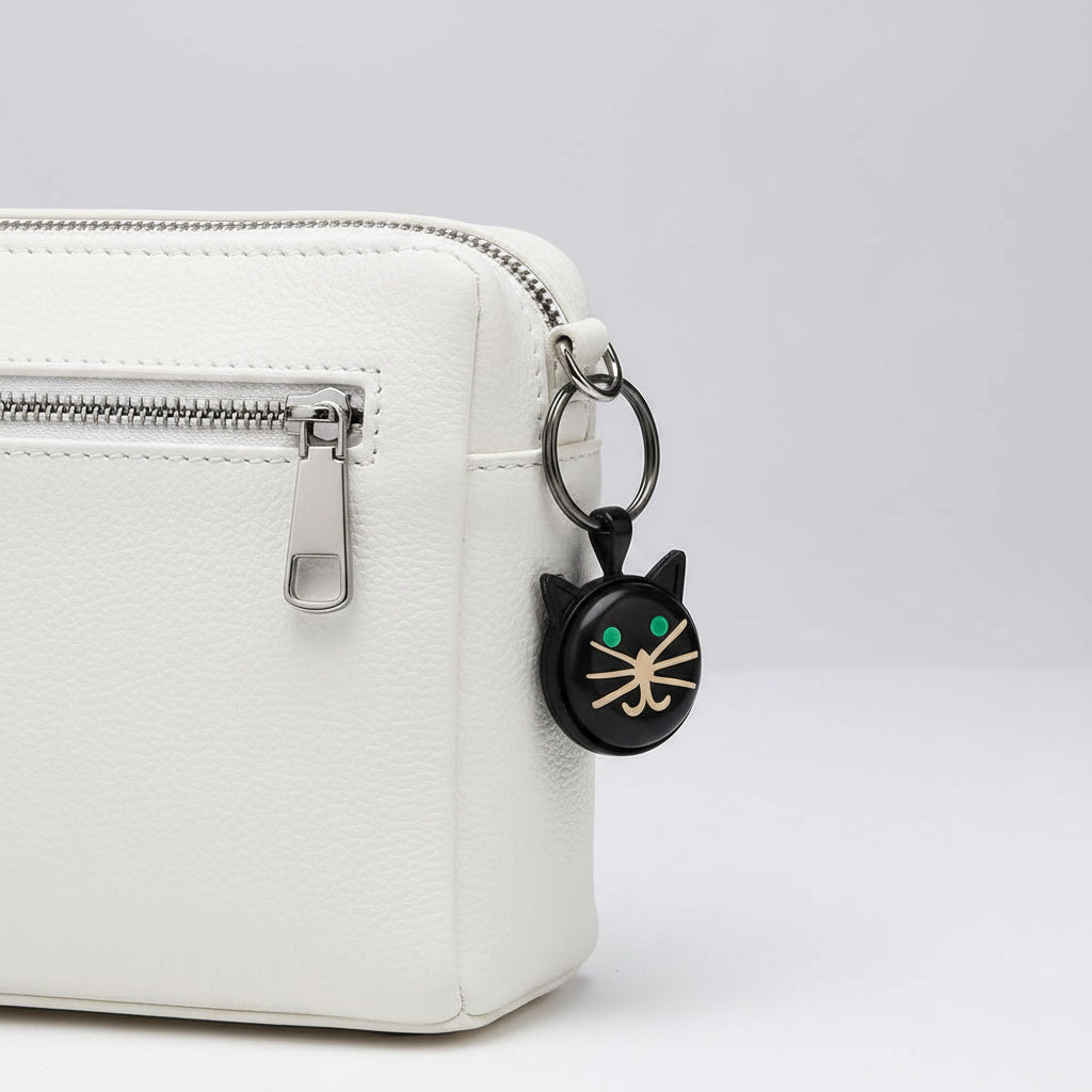 Handcrafted black cat with green eyes keychain and bag charm on white purse - Lilylin Designs