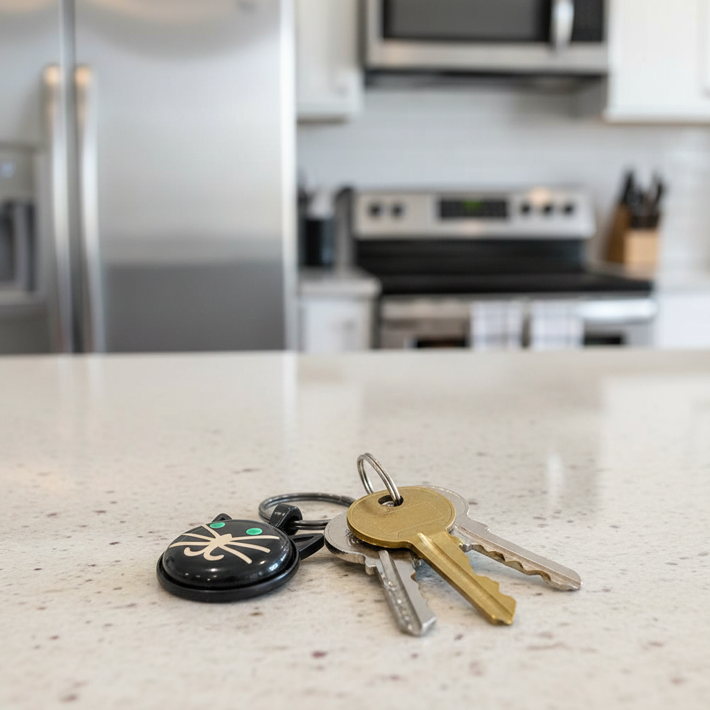 cat keychain on countertop with keys