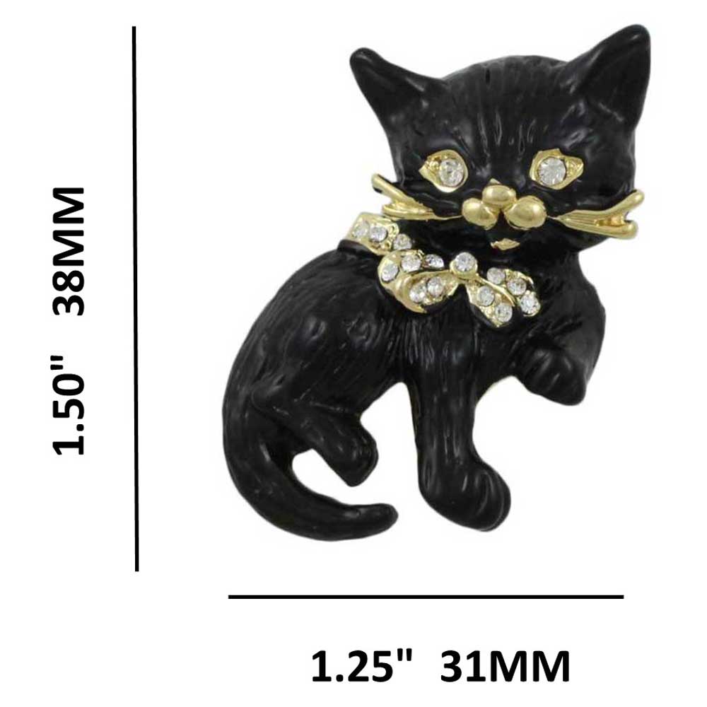 Black Matte Enamel Cat with Crystal Eyes and Bow Brooch Pin with measurements - Lilylin Designs