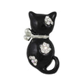 Black Enamel Cat with Crystal Flowers Brooch Pin - Lilylin Designs