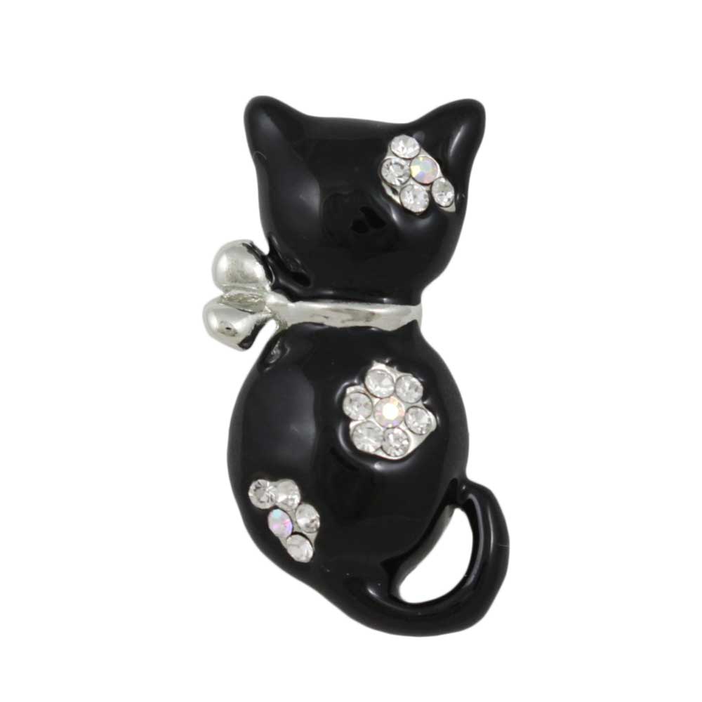 Black Enamel Cat with Crystal Flowers Brooch Pin - Lilylin Designs