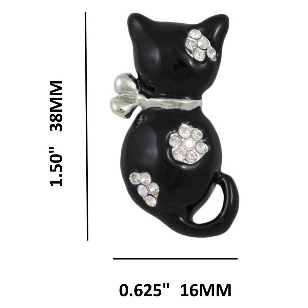 Black Enamel Cat with Crystal Flowers Brooch Pin with measurements - Lilylin Designs