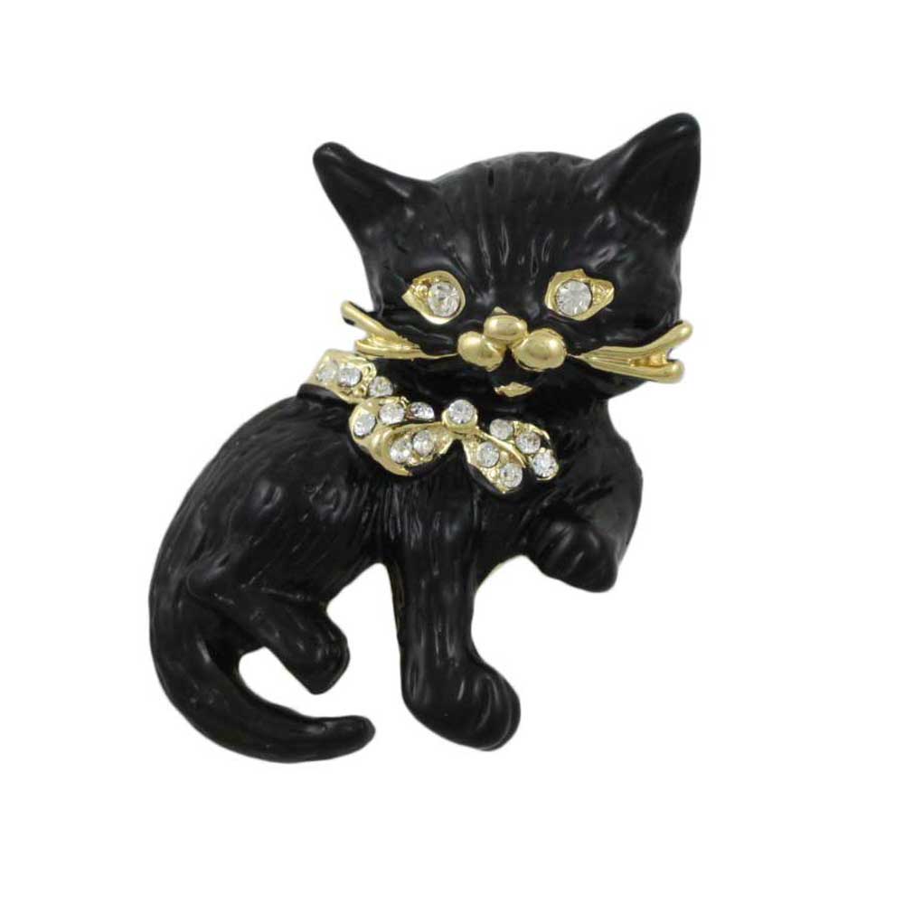 Black Matte Enamel Cat with Crystal Eyes and Bow Brooch Pin - Lilylin Designs