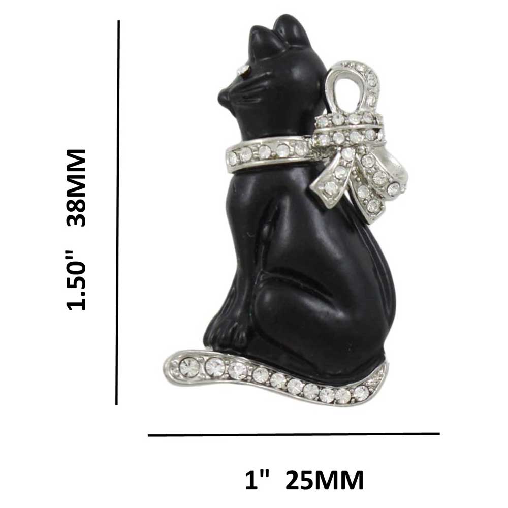 Black Cat with Large Silver Crystal Bow Brooch Pin with measurements - Lilylin Designs