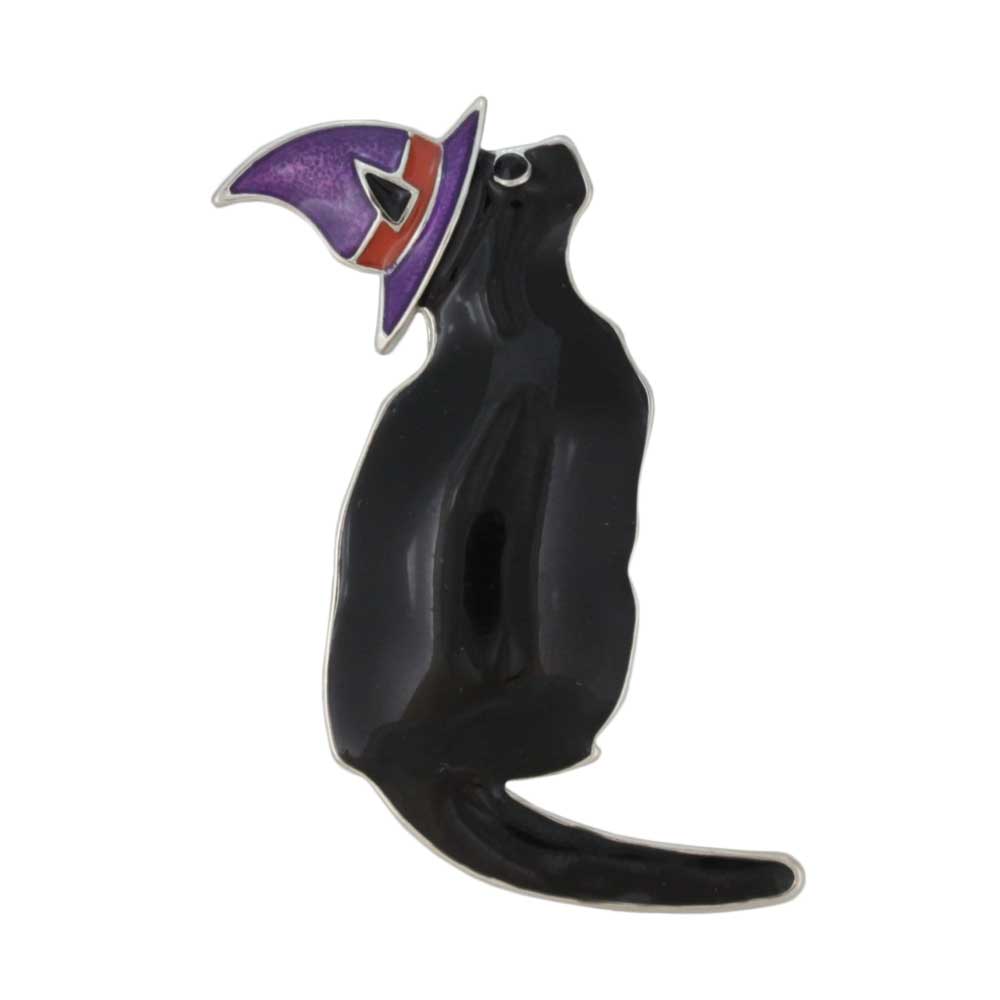 Black Witchy Cat with Purple Witch's Hat Brooch Pin - Lilylin Designs