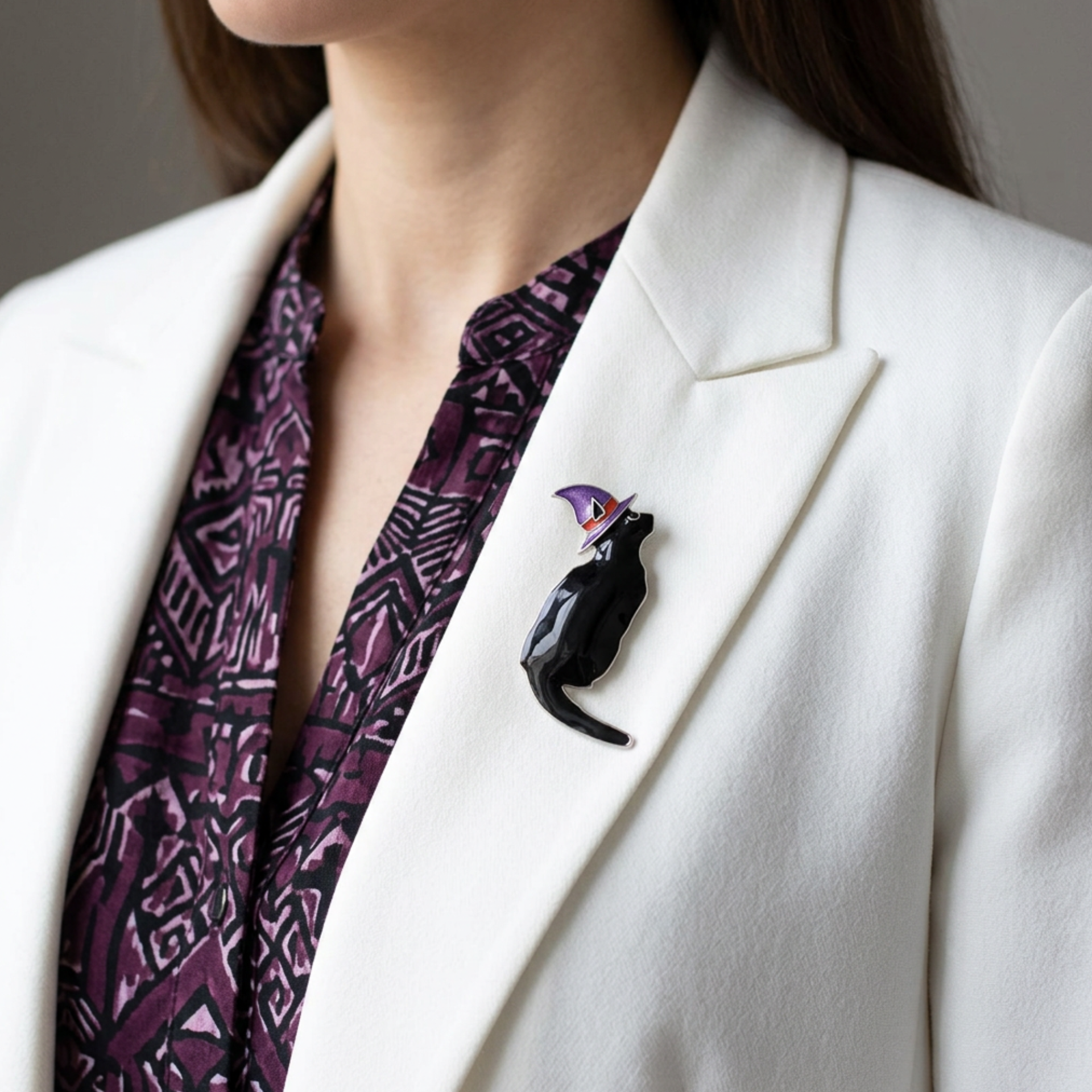 Model wearing Black Witchy Cat with Purple Witch's Hat Brooch Pin - Lilylin Designs