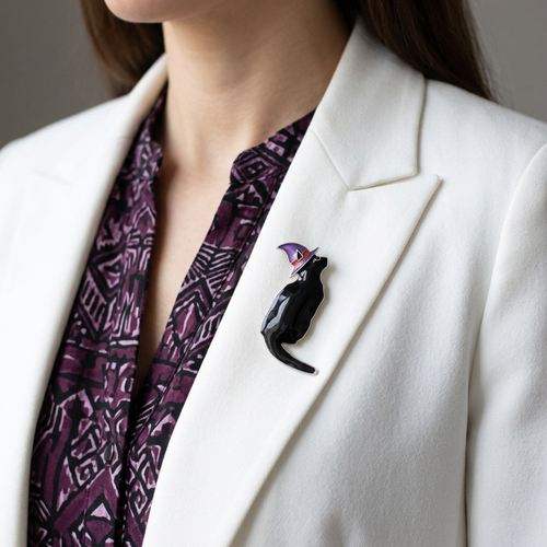 Model wearing Black Witchy Cat with Purple Witch's Hat Brooch Pin - Lilylin Designs