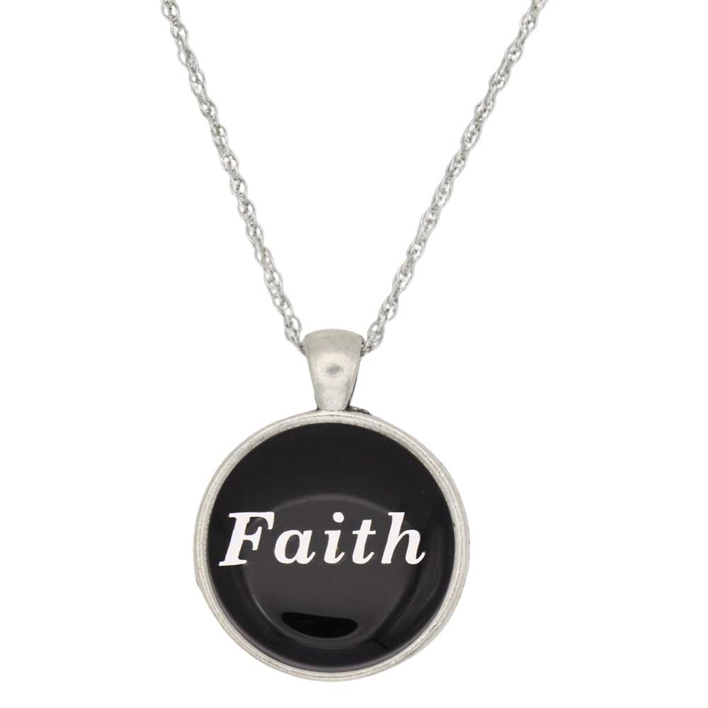A silver chain necklace with a round pendant featuring a black background and the word 'Faith' in white script, shown on a plain white background - Lilylin Designs