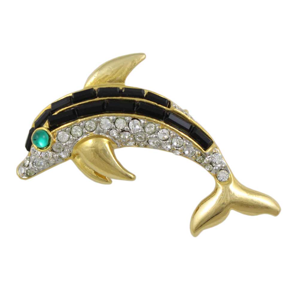 Black Crystal Dolphin with Green Eye Brooch Pin - Lilylin Designs