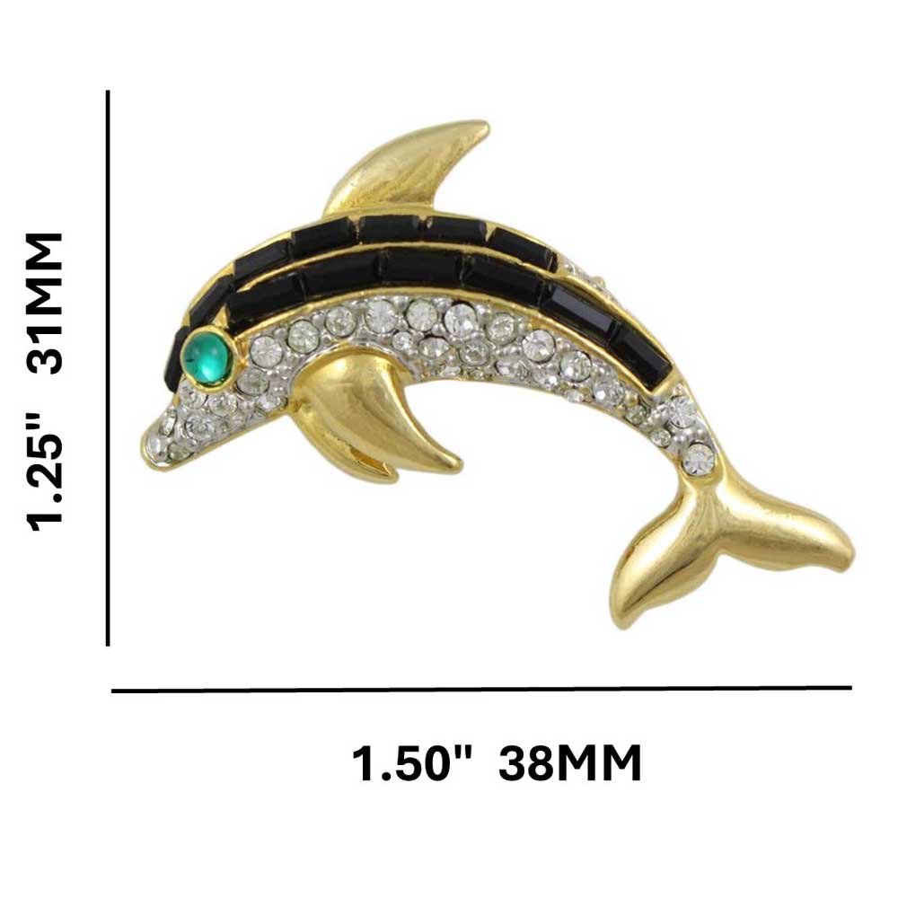 Black Crystal Dolphin with Green Eye Brooch Pin with measurements - Lilylin Designs