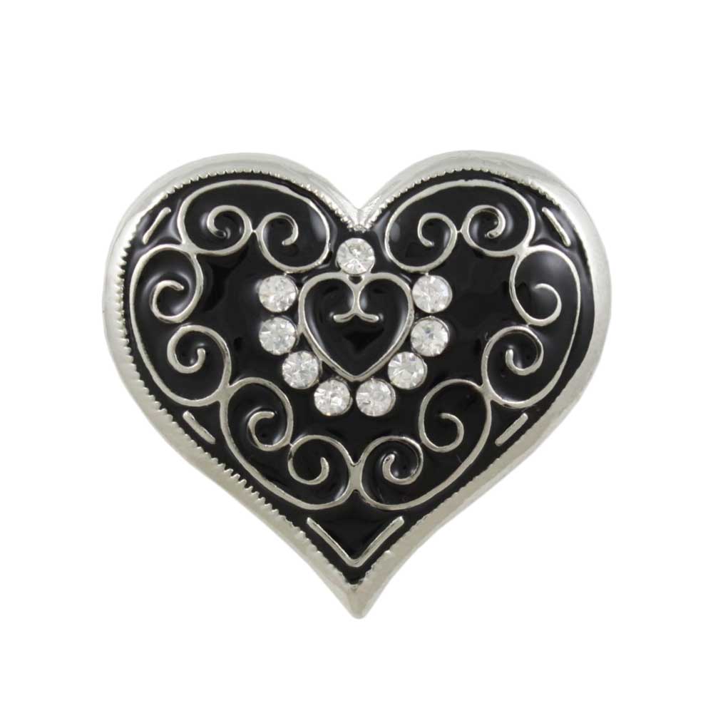 Black Enamel and Crystal Heart Brooch Pin - Lilylin Designs