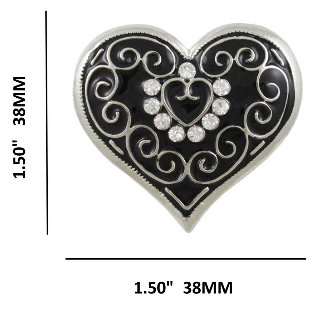 Black Enamel and Crystal Heart Brooch Pin shown with measurements - Lilylin Designs