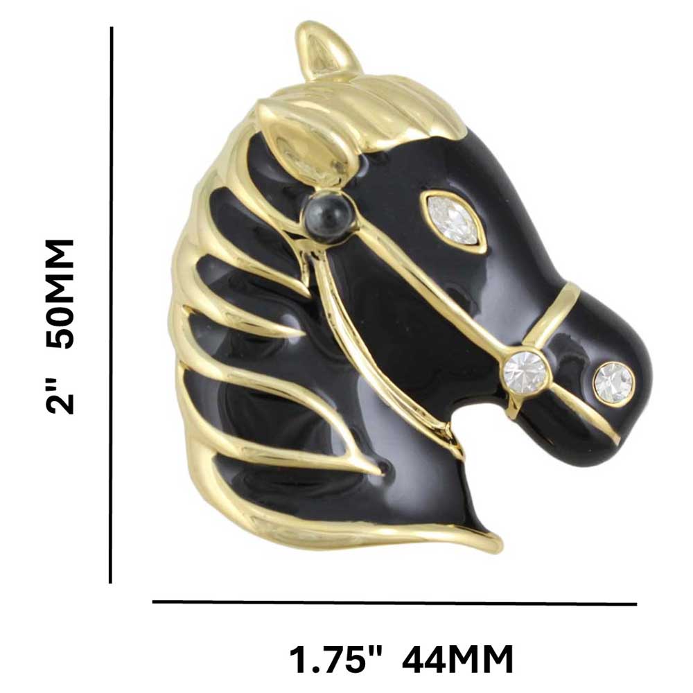 Black Enamel Horse Head Brooch Pin  shown with measurements -  Lilylin Designs