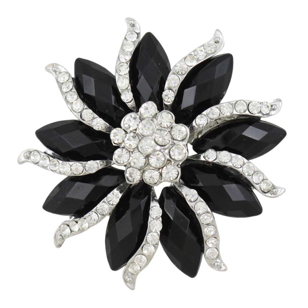 Black Marquise Stones with Clear Crystals Flower Brooch Pin - Lilylin Designs