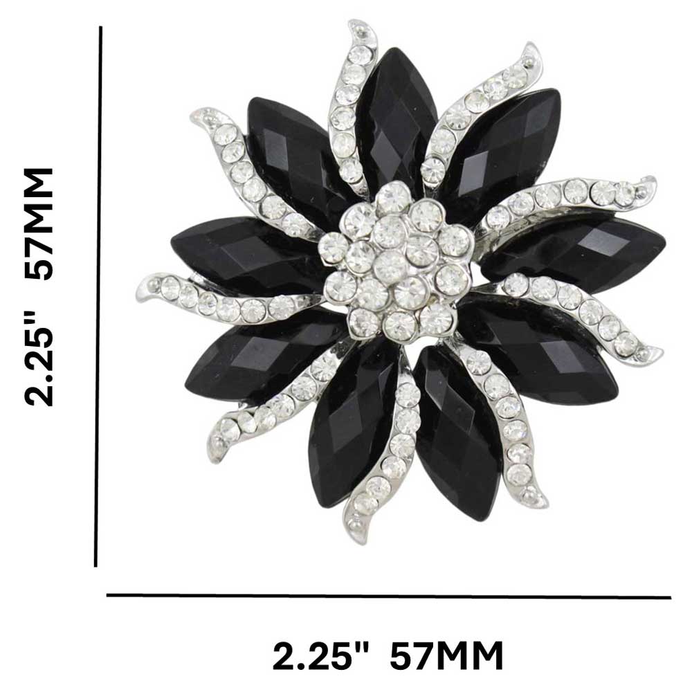 Black Marquise Stones with Clear Crystals Flower Brooch Pin with measurements - Lilylin Designs