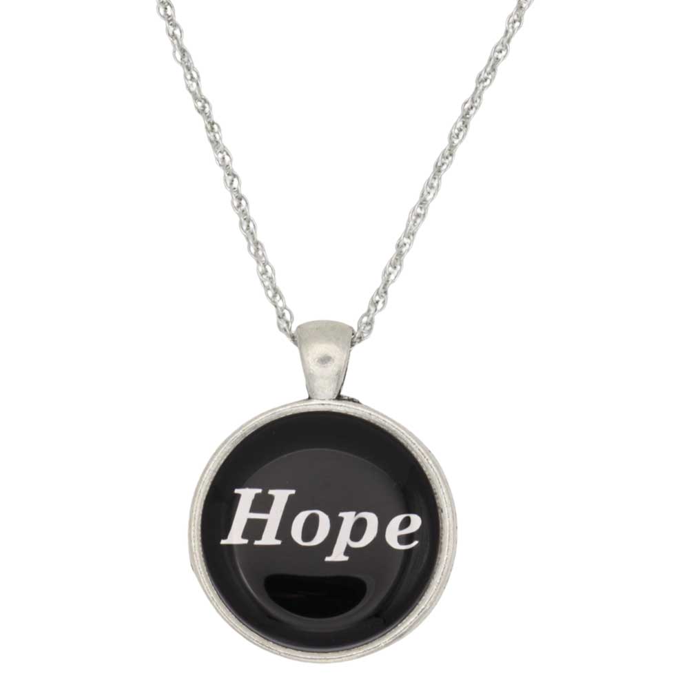A silver chain necklace with a round pendant featuring a black background and the word 'Hope' in white script, shown on a plain white background - Lilylin Designs