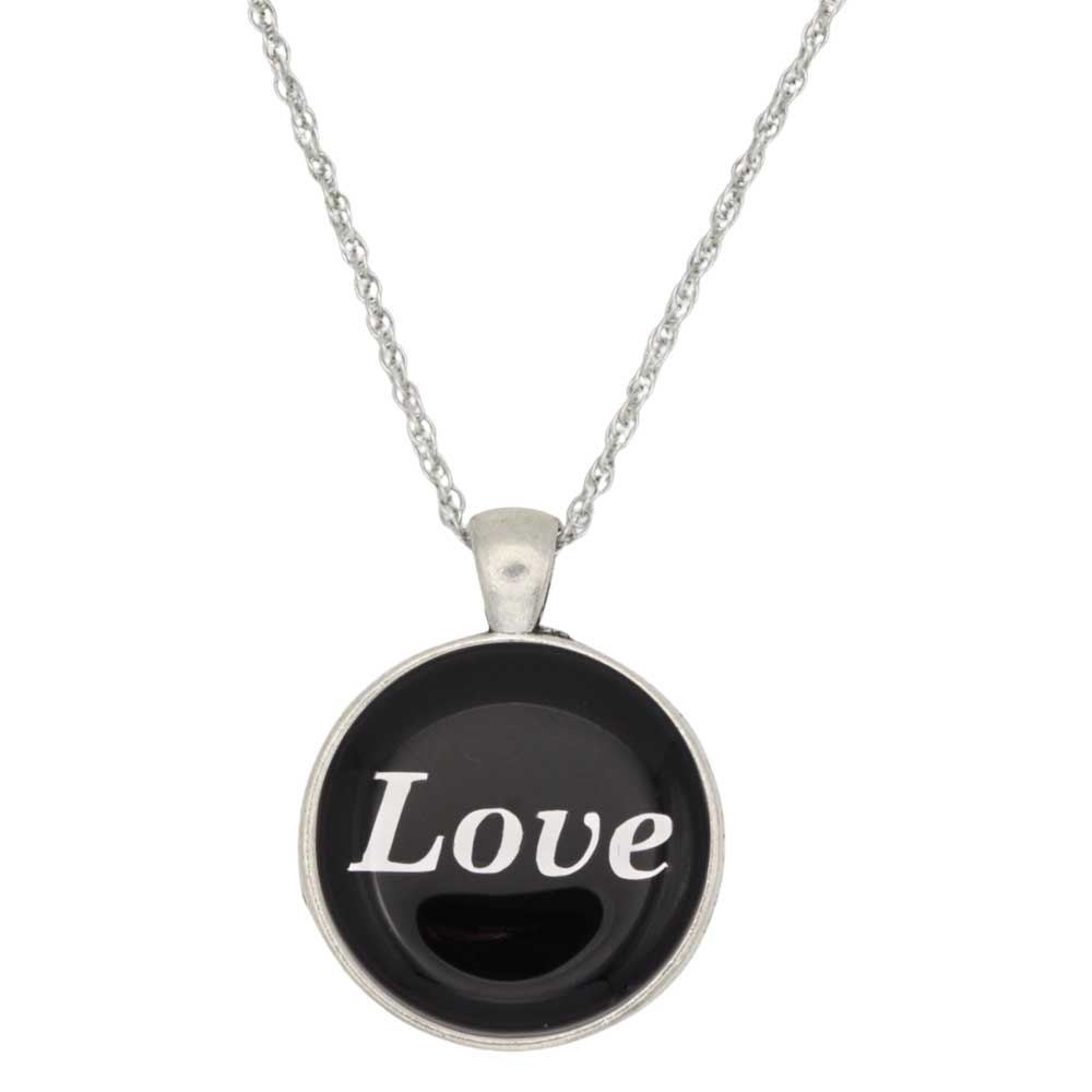 A silver chain necklace with a round pendant featuring a black background and the word 'Love' in white script, shown on a plain white background - Lilylin Designs
