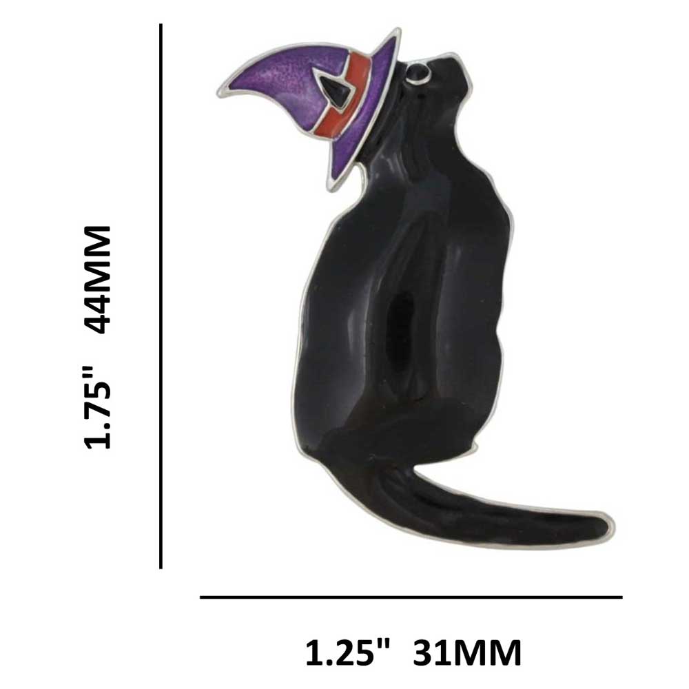 Black Witchy Cat with Purple Witch's Hat Brooch Pin with measurements - Lilylin Designs