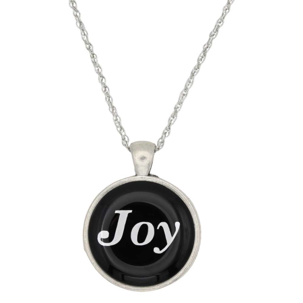 A silver chain necklace with a round pendant featuring a black background and the word 'Joy' in white script, shown on a plain white background - Lilylin Designs
