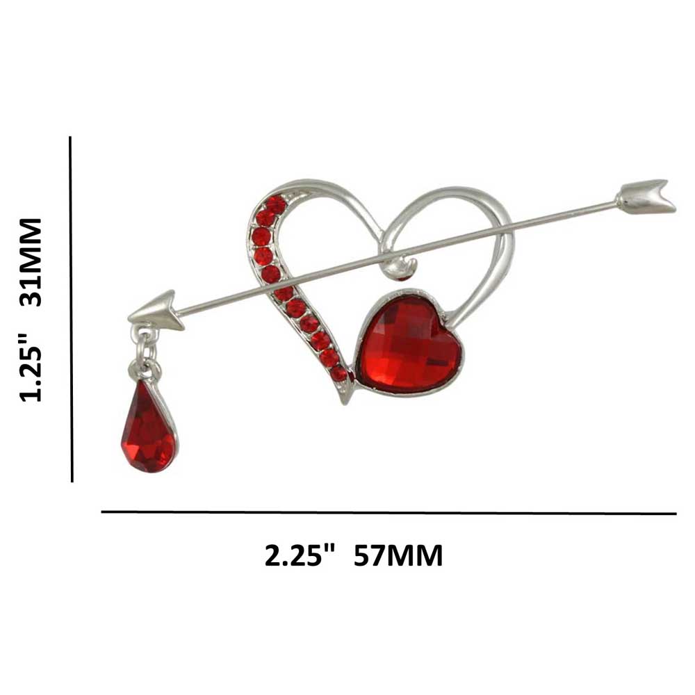 Heart with Red Crystal Bleeding Arrow Brooch Pin shown with measurements - Lilylin Designs
