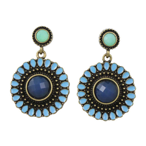 Antique Gold Round Blue Dangling Disc Pierced Earring - Lilylin Designs