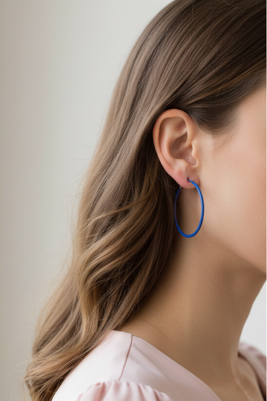 Model earing blue enamel skinny hoop earring - Lilylin Designs