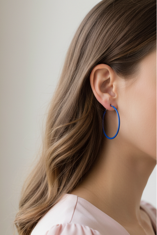 Model earing blue enamel skinny hoop earring - Lilylin Designs
