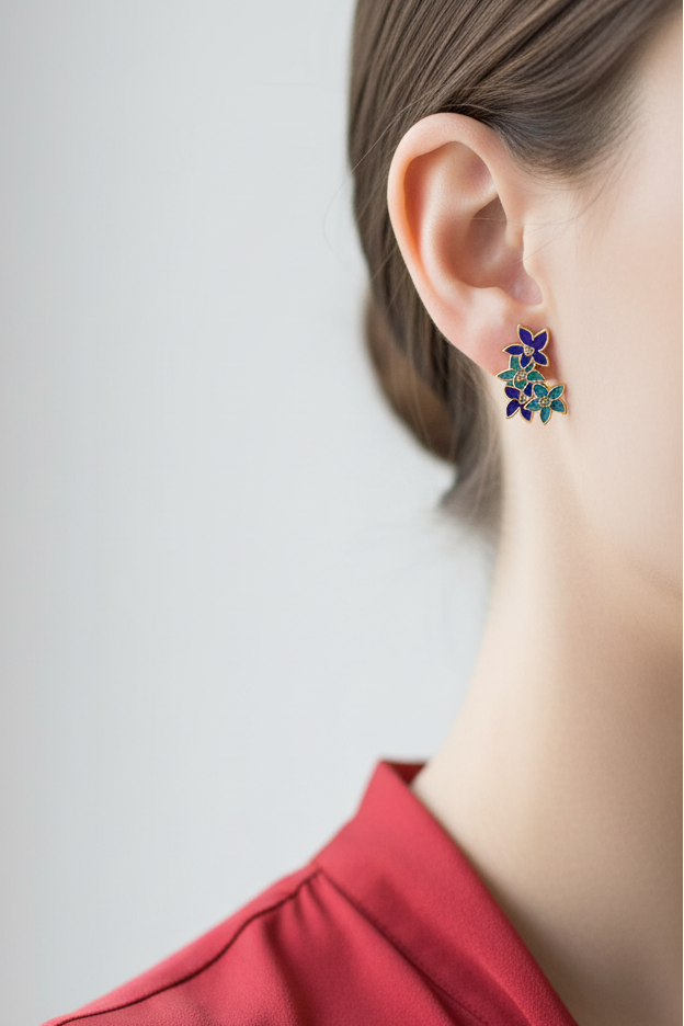 Model wearing blue cloisonne flower earring - Lilylin Designs