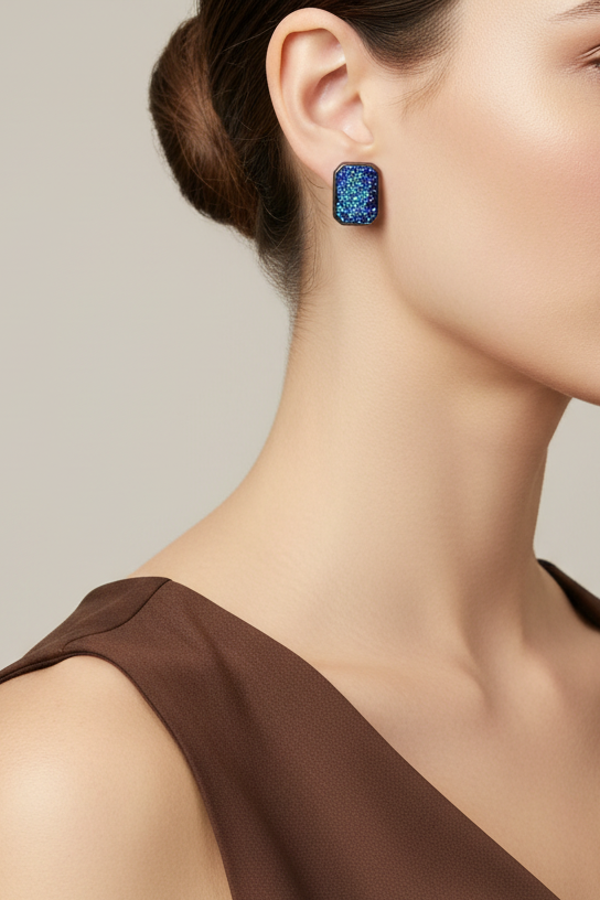 Model wearing blue glitter earring - Lilylin Designs