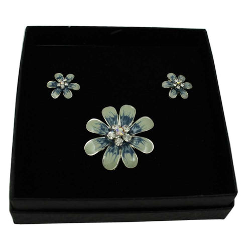 Blue Gray Flower Brooch Pin and Earring Gift Set in black gift box | Lilylin Designs