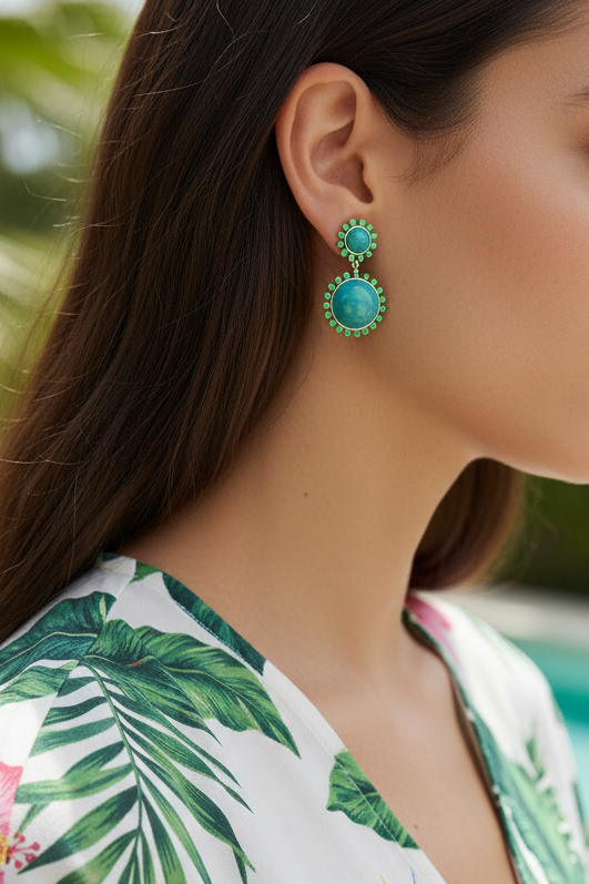 model wearing blue and green dome dangle earring - Lilylin Designs