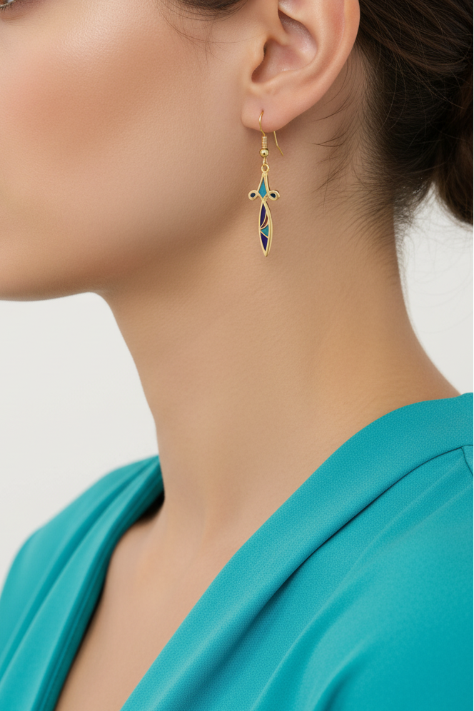Model wearing blue cloisonne dangle earring - Lilylin Designs