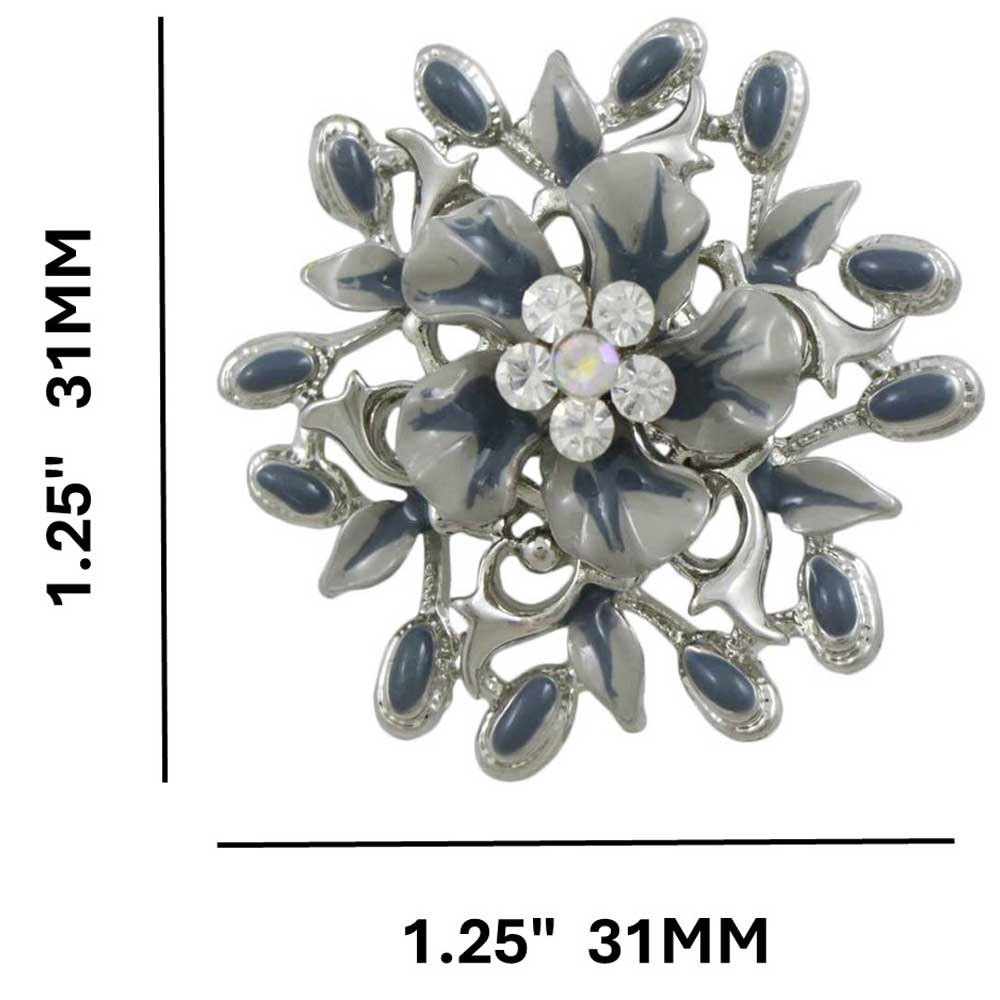 Gray with Blue Flower and Leaves Daisy Brooch Pin with measurements - Lilylin Designs