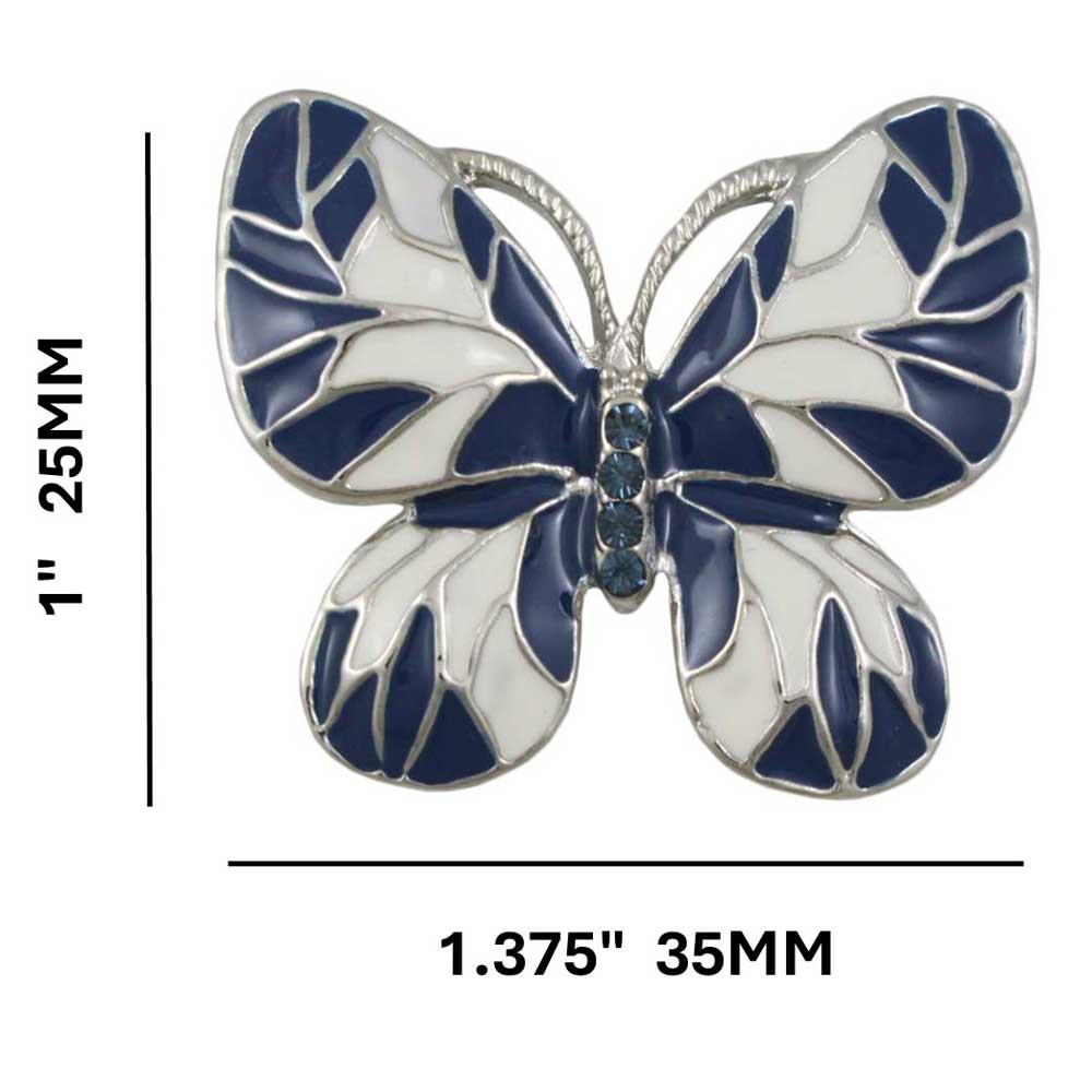 Blue and White Enamel Crystal Butterfly Brooch Pin shown with measurements - Lilylin Designs