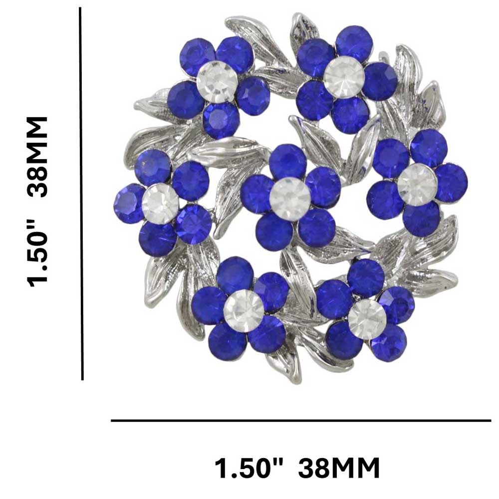 Wreath of Blue Daisies with Clear Crystals Brooch Pin with measurements - Lilylin Designs