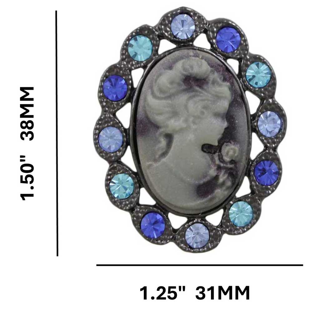 Cameo Brooch Pin with Assorted Blue Crystals with measurements - Lilylin Designs