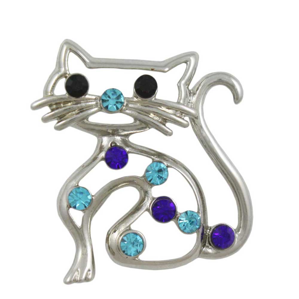Blue Crystal Cat with Blue Nose Brooch Pin - Lilylin Designs