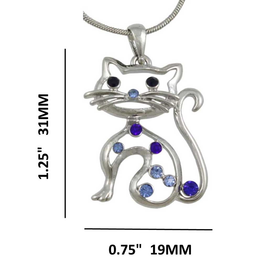 Blue Crystal Cat Pendant on 18 inch Silver Chain with measurements - Lilylin Designs