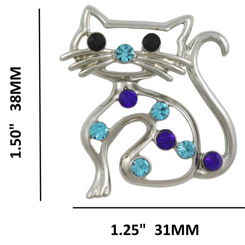Blue Crystal Cat with Blue Nose Brooch Pin shown with measurements - Lilylin Designs