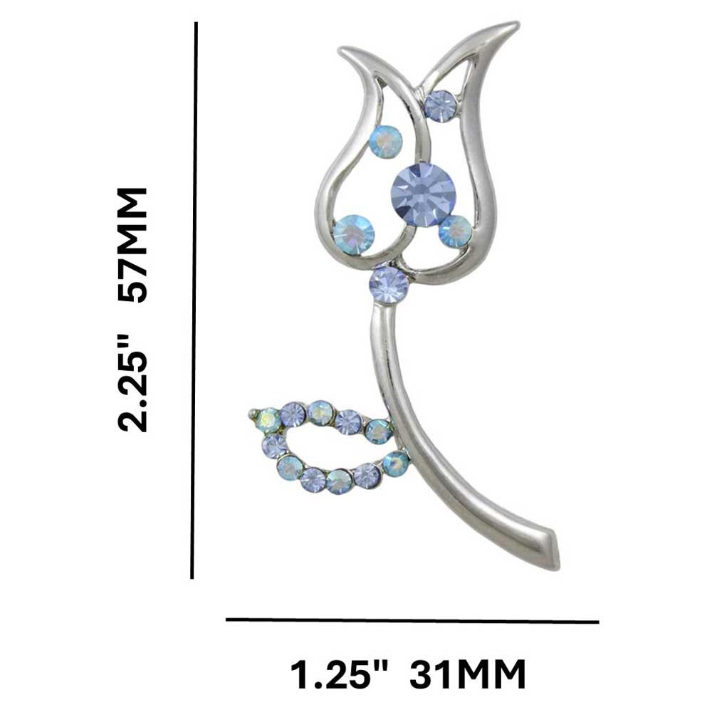 Blue Crystals Cut - out Tulip Flower Brooch Pin with measurements - Lilylin Designs