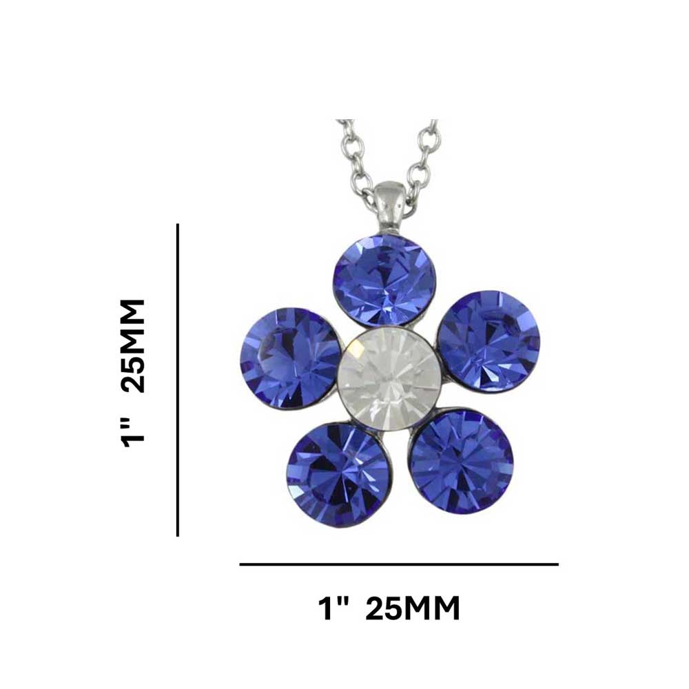 Large Blue Crystal Daisy Pendant on Silver Chain with measurements - Lilylin Designs