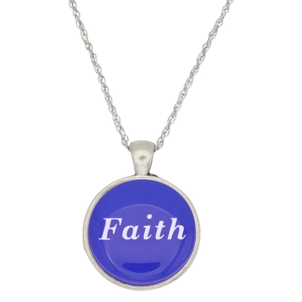 A silver chain necklace with a round pendant featuring a vibrant blue face  with the word 'Faith' written in white script across the center - Lilylin Designs