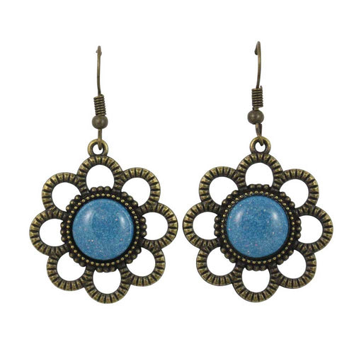 Pair of earrings with blue center and bronze floral design - Lilylin Designs