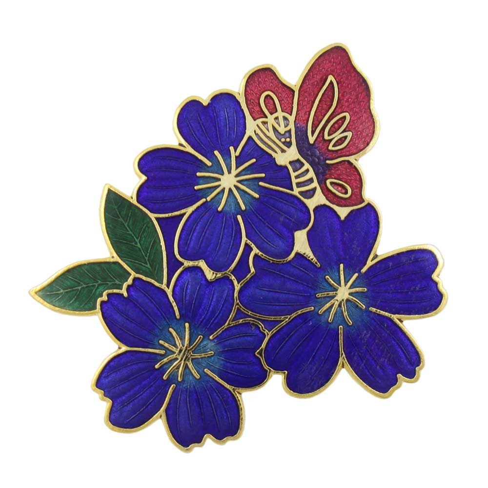 Blue Cloisonne Flowers with Red Butterfly Brooch Pin - Lilylin Designs