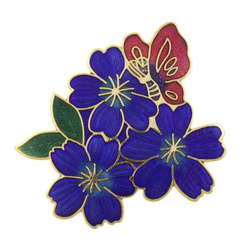Blue Cloisonne Flowers with Red Butterfly Brooch Pin - Lilylin Designs